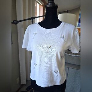 Organic Collective White Martini Glass Embroidered Cropped Tee xl